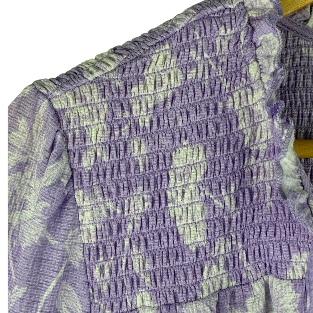 Lavender Floral Smocked Peasant Blouse Boho Cottagecore Ruffle Top L - Picture 3 of 7
